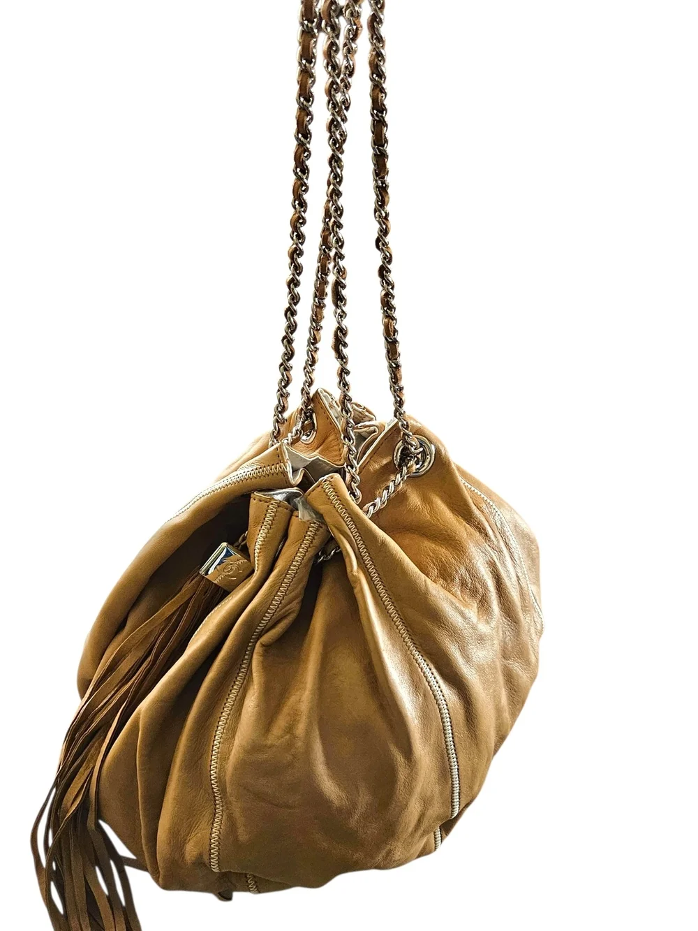 Chanel Reversible Sac Cordon Tan Leather Fringe Drawstring Chain Shoulder Bag